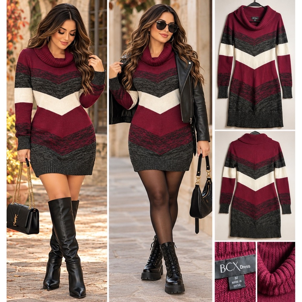 BCX Dress Womens Medium Burgundy Grey Chevron Stripe Cowl Neck Sweater Dress